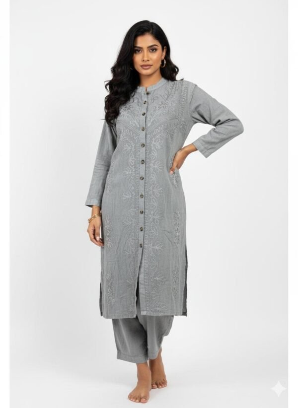 Elegant Slate Grey Embroidered Tunic & Trouser Set