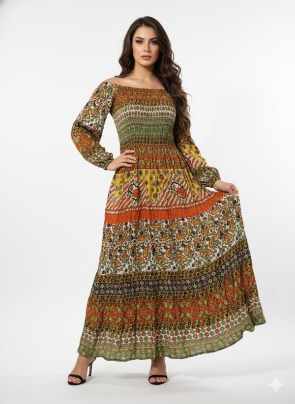 Earth-Tone Off-the-Shoulder Long Dress