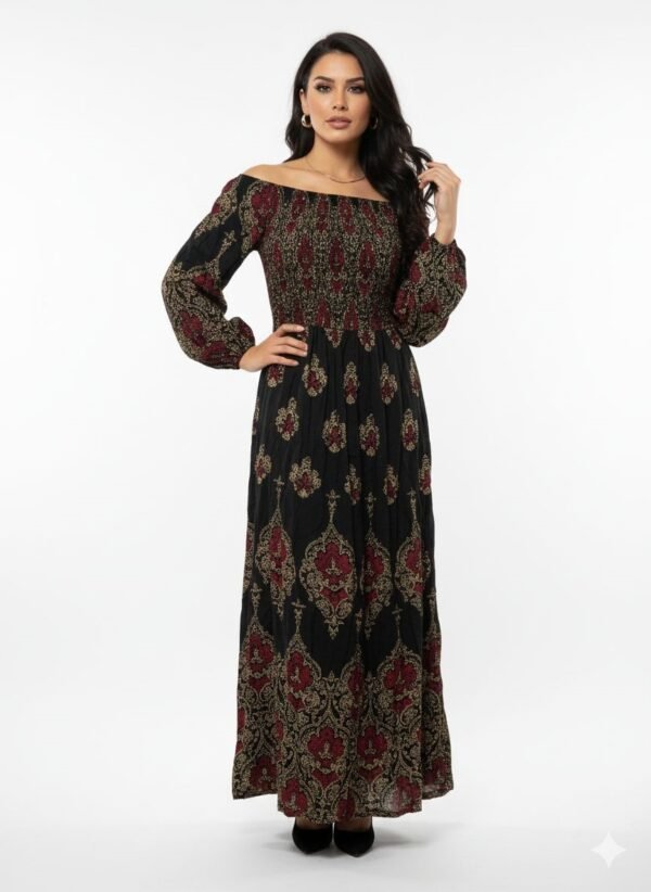 Black and Burgundy Off-the-Shoulder Long Dress