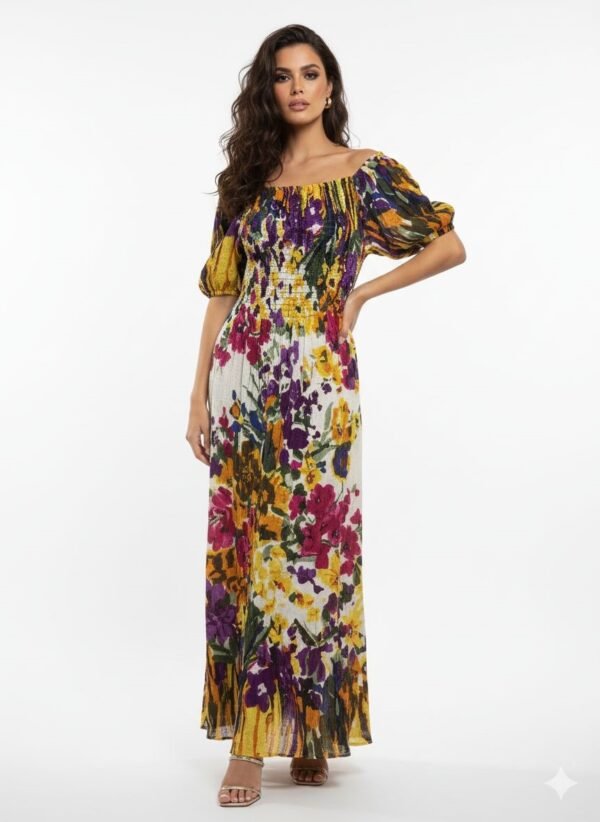 Vibrant Multi-Color Floral Smocked Long Dress