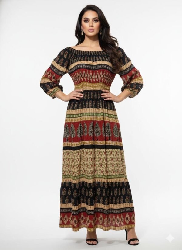 Elegant Ethnic Print Long Dress in Rayan Cotton