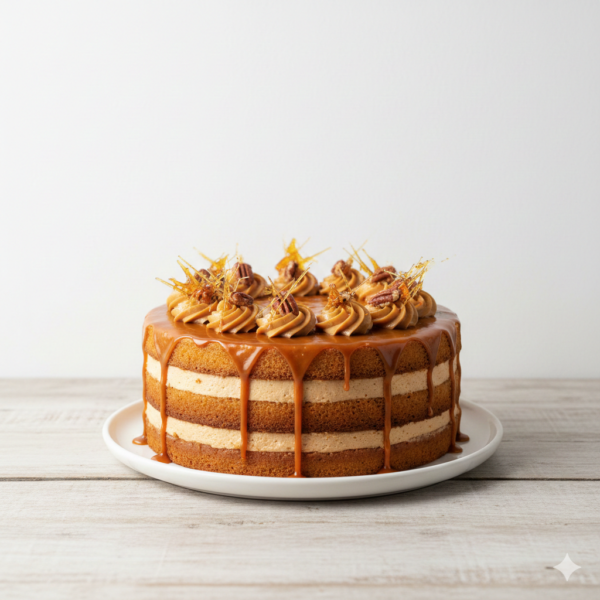 Cake Plate with delicious caramel cake on table against light wall