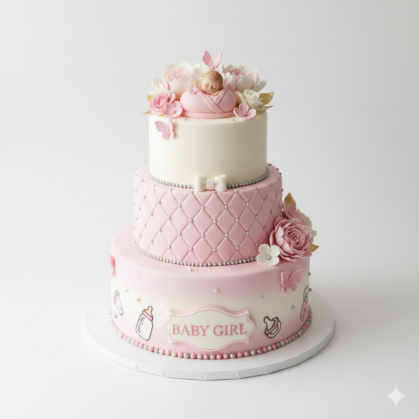 Pink white baby girl cake