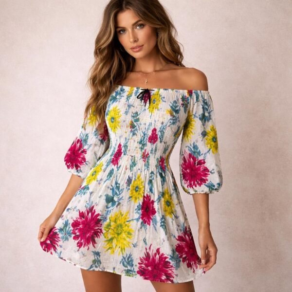 Floral Off-the-Shoulder Smocked Mini Dress with Lantern Sleeves