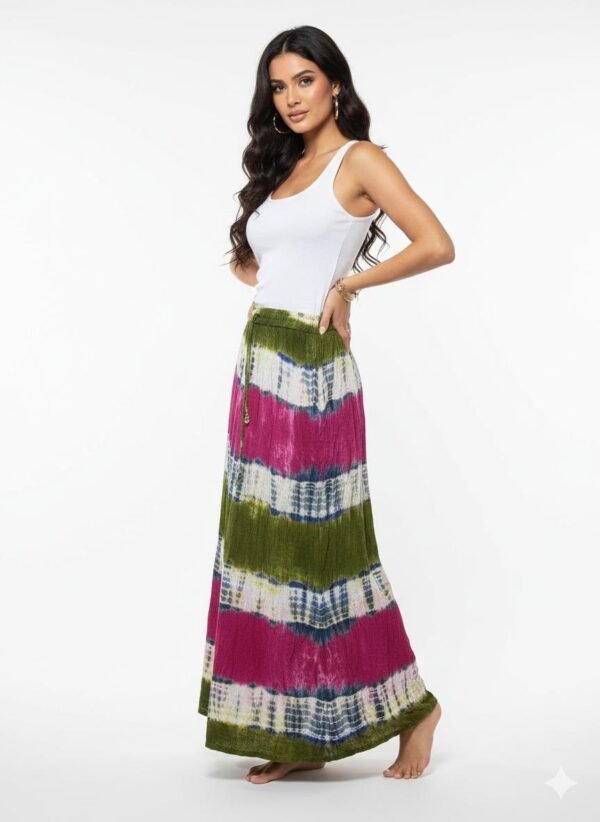 Olive and Magenta Shibori-Style A-Line Skirt