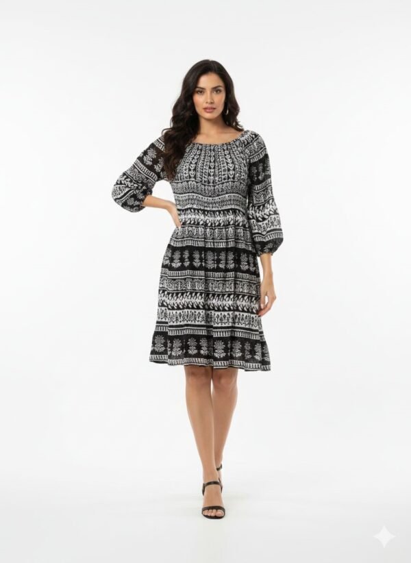 Boho-Chic Monochrome Smocked A-Line Dress