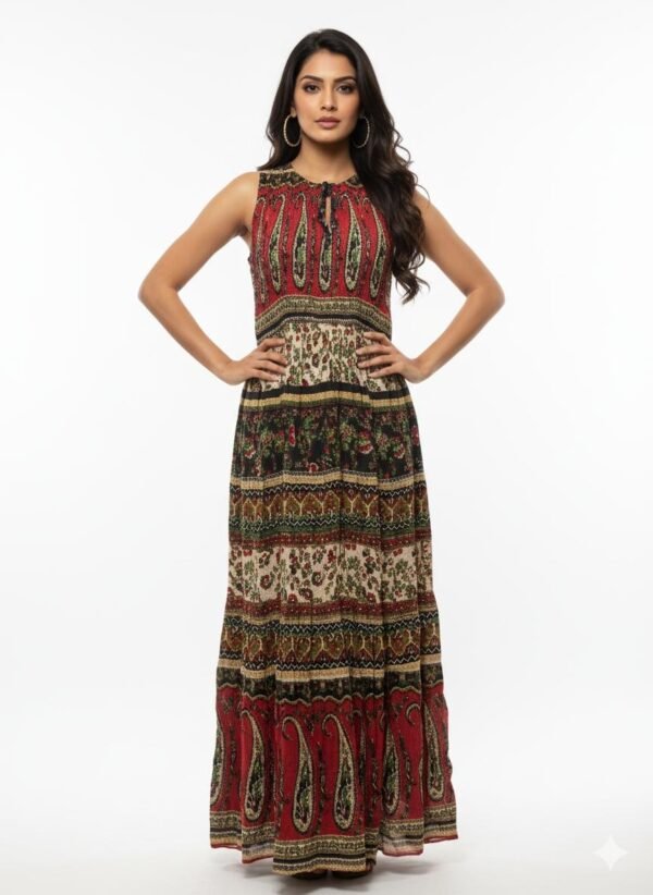 Vintage-Inspired Paisley Tiered Long Dress