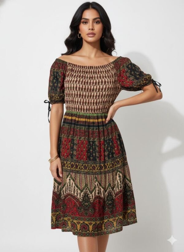 Off-the-Shoulder Earth-Tone Smocked Midi Dress