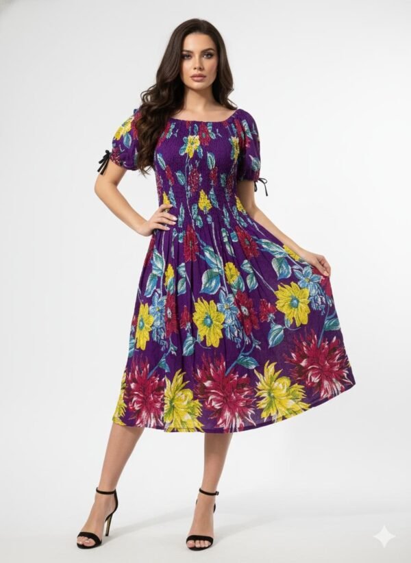 Vibrant Purple Floral Off-the-Shoulder Smocked Midi Dress