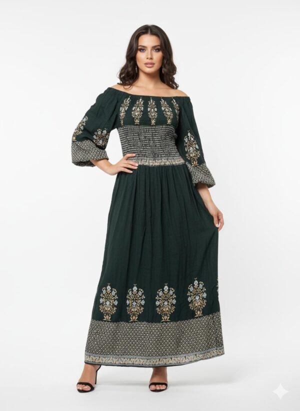 Forest Green Off-the-Shoulder Smocked Long Dress