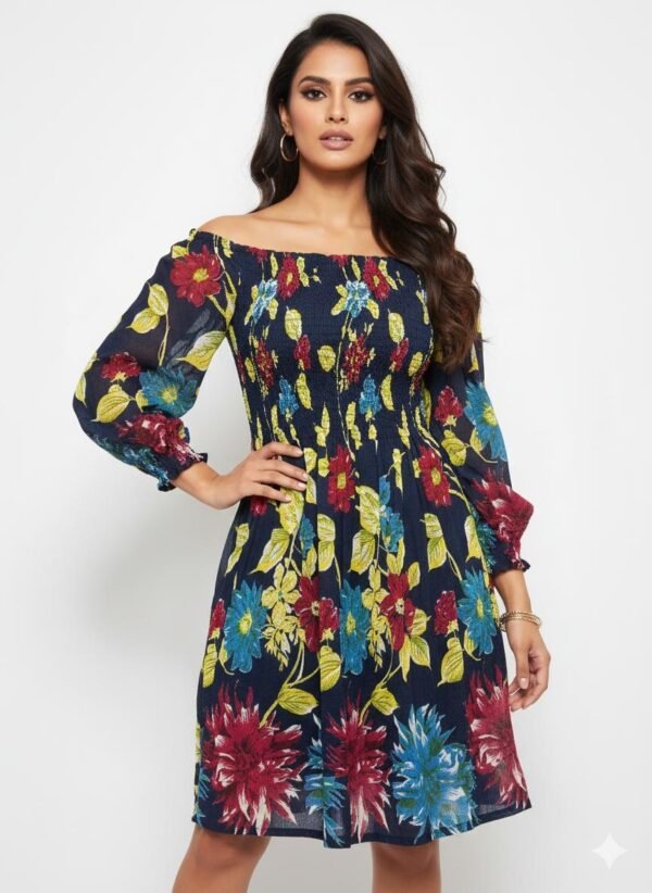 Navy Floral Off-the-Shoulder Smocked Midi Dress