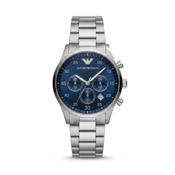 Emporio Armani Silver Stainless Steel Chronograph Watch with Blue Dial
